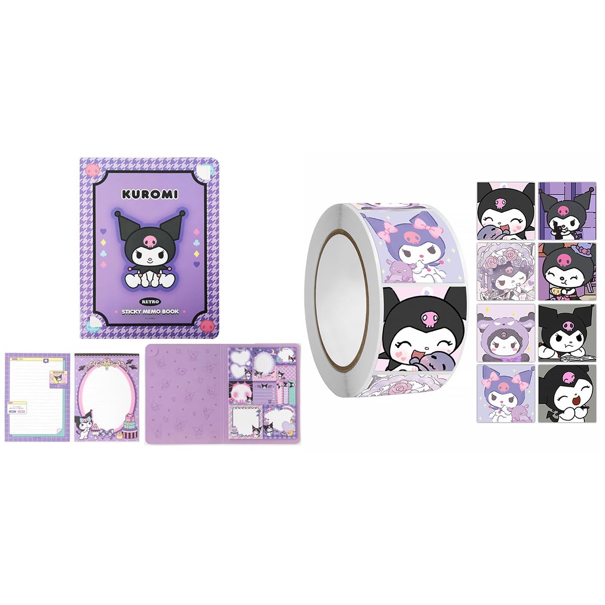 HASTHIP® 500Pcs Kuromi Stickers & 330Pcs Kawaii Sticky Notes Combo, Melody Designs for Journaling, Scrapbooking, DIY, Planners, Crafts, School, Kids Girls Gifts, Sanrio Fans