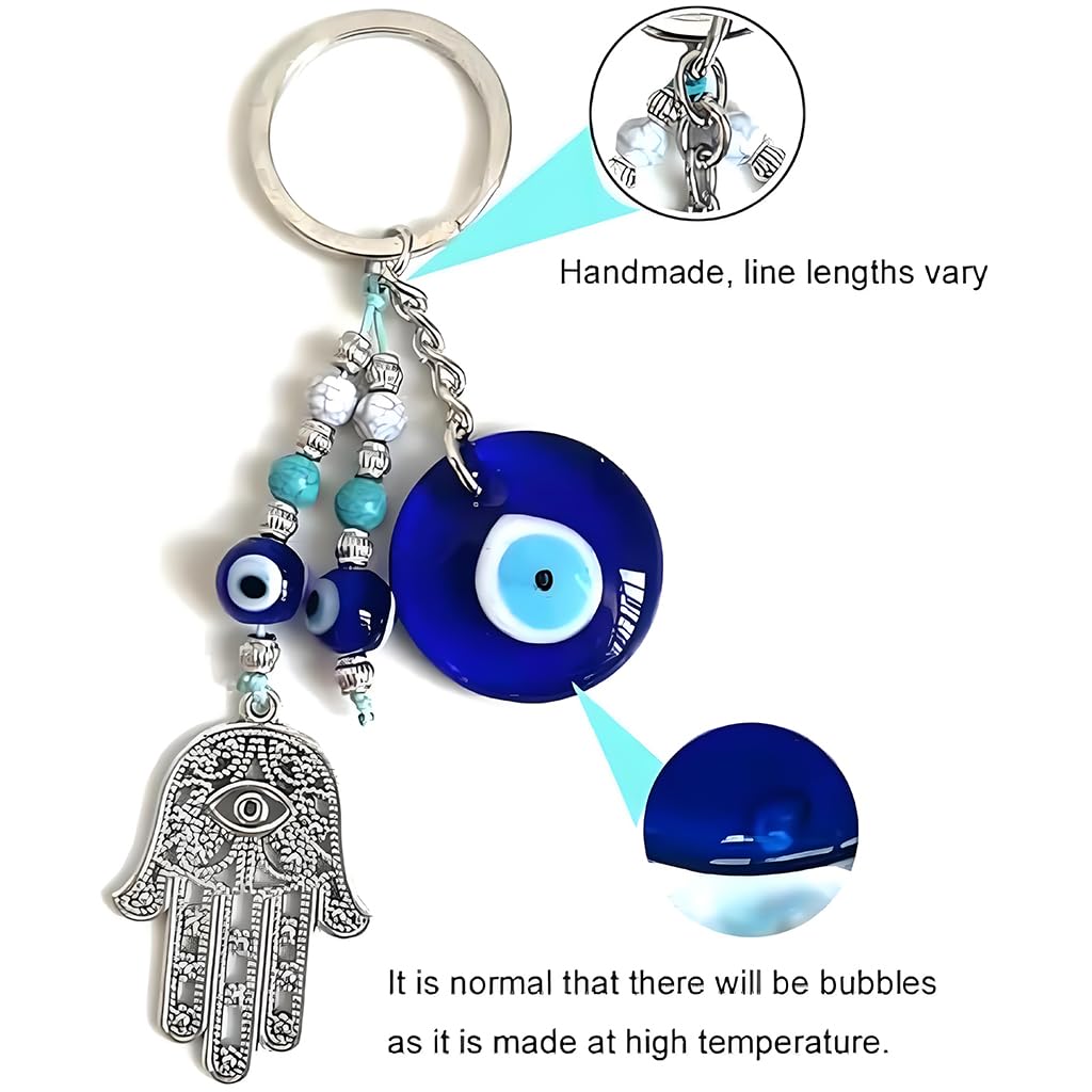 SANNIDHI Bag Charms for Handbags with Blue Evil Eye Beads and Silver Palm Pendant Keyring