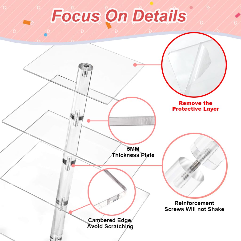 Supvox Acrylic Cake Stand for Cupcakes and Desserts featuring 4 Tier Square Design 15.7 in | Clear Display for Parties