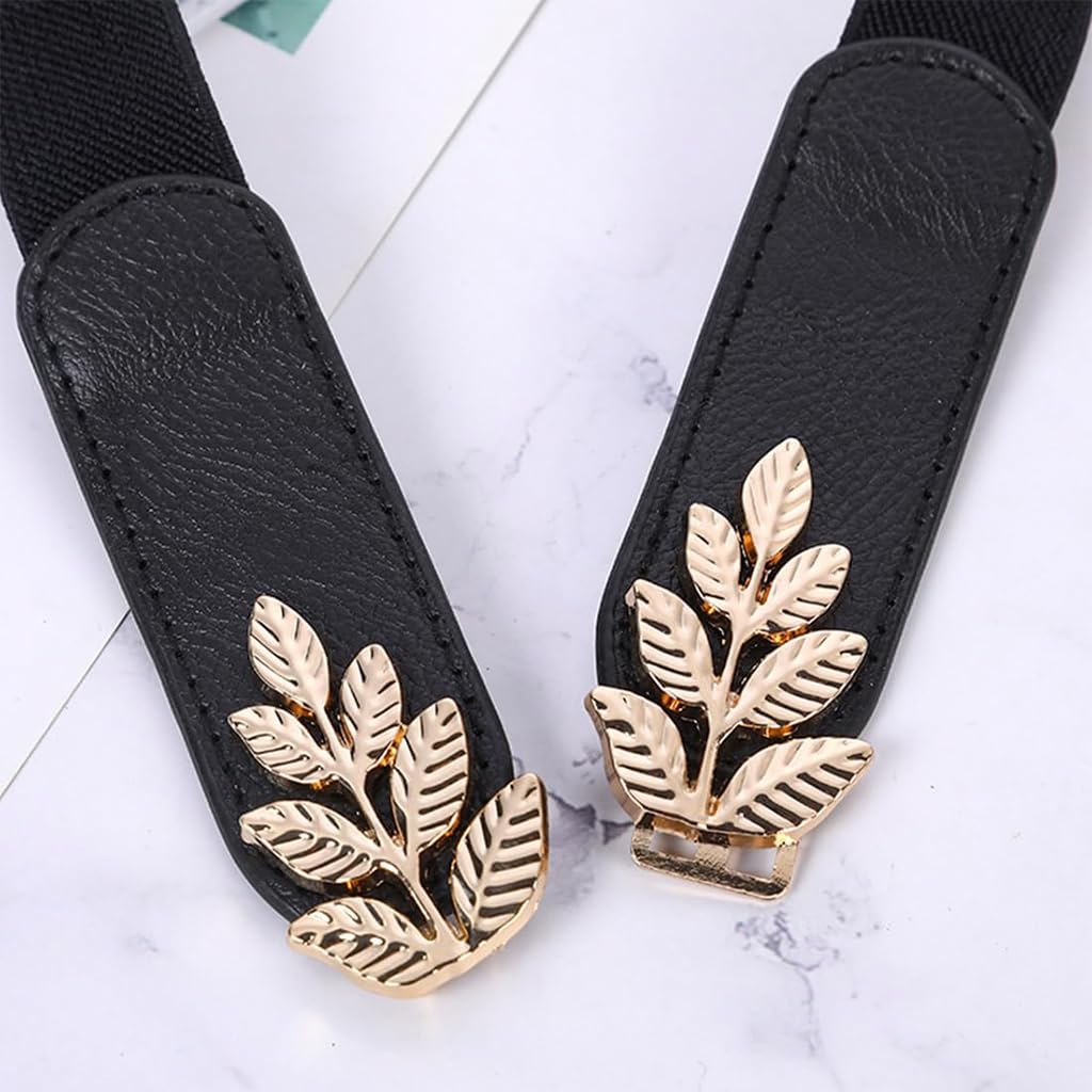 ZIBUYU Fashion Waist Belt for Women Chic Golden Leaf Buckle Design 25.2 inches Stretchy Slim Waist Belt High Class Vintage Belt for Shirt, Blazer, Sweater, Dress, 64-75cm