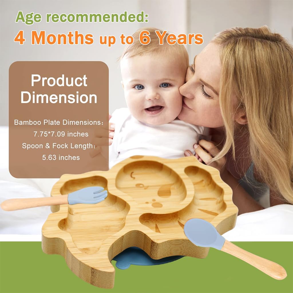 SNOWIE SOFT Baby Plate Kit for Toddlers with 4 Section Suction Cup | Bamboo and Silicone 3Pcs Set
