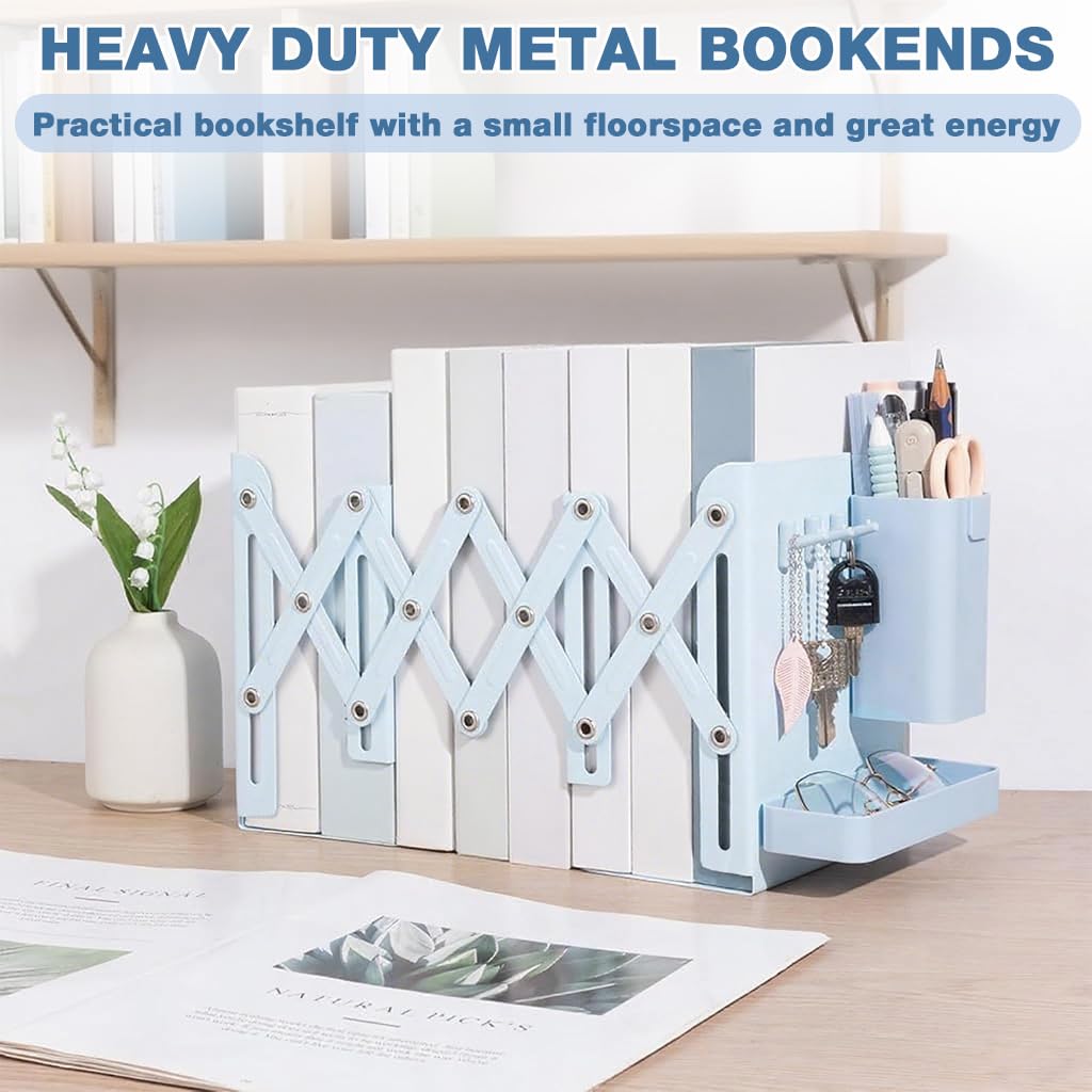 OFIFO Telescopic Bookshelf Desk Organizer with 17.7 in Adjustable Metal Frame & Utility Hooks