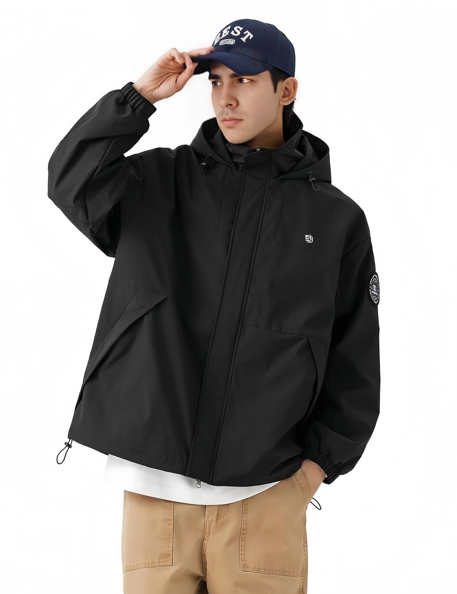 Venzina Men's Modular Tech Wear Jacket for Urban Outdoor Style with Interchangeable Patches and Waterproof Hood