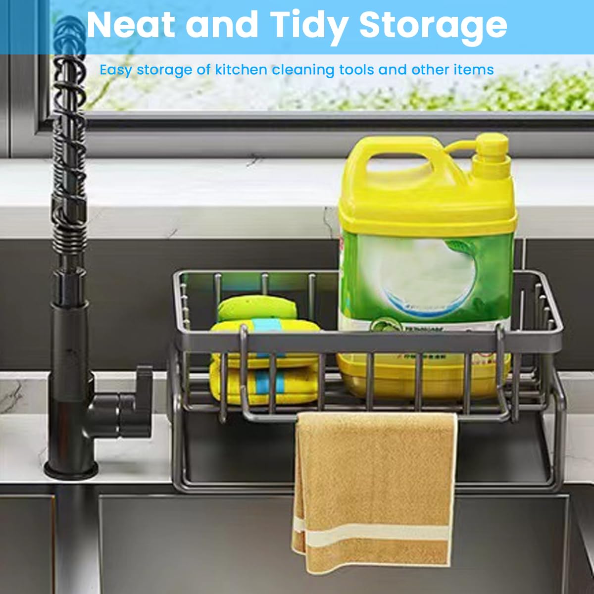 Supvox Kitchen Sink Organizer with Sloped Drain Tray and Rag Rack | Rustproof SUS304 Stainless Steel Holder for Sponges and Brushes