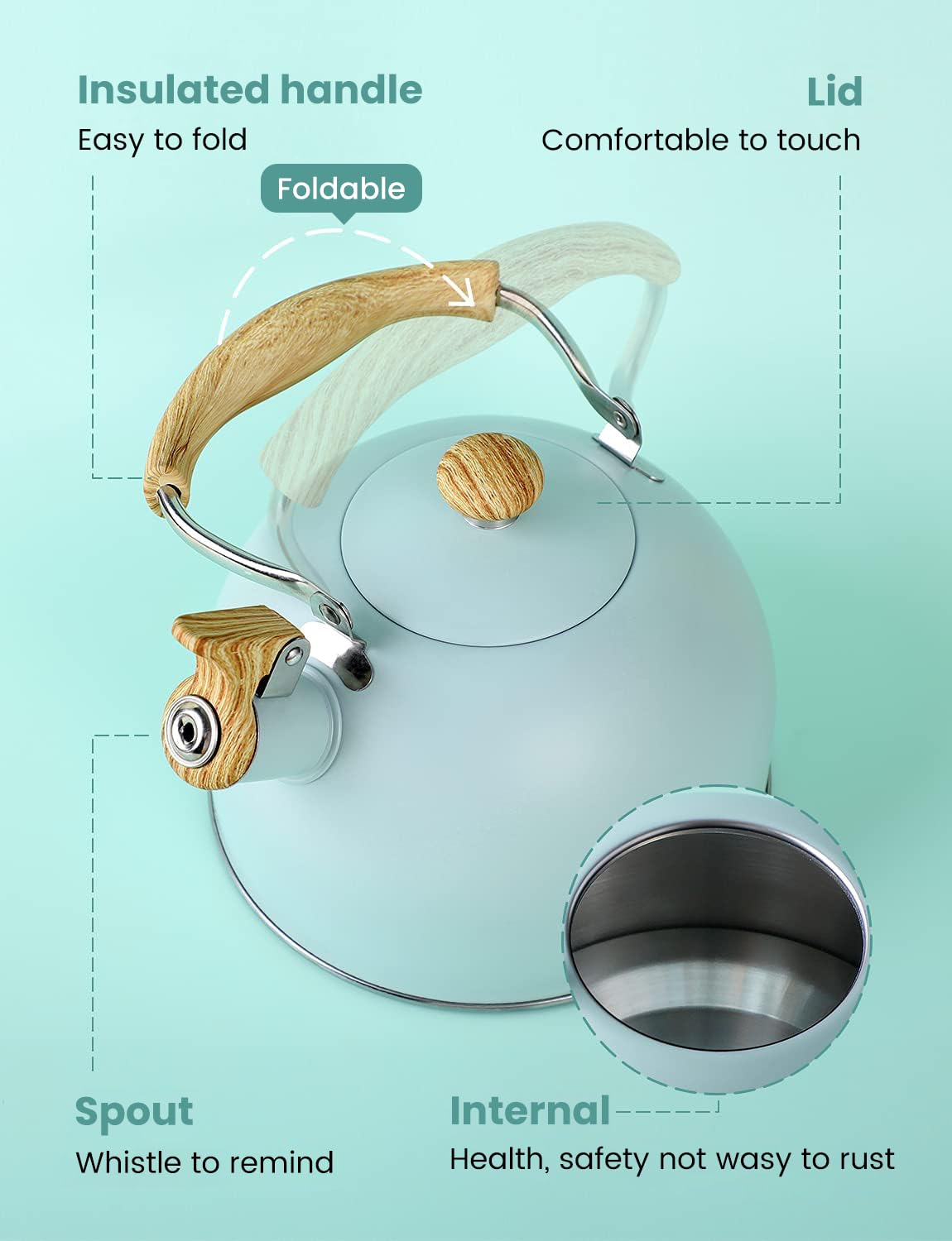 Supvox Tea Kettle for Gas Stove and Induction 2.5L with High Pitch Whistle and Anti Scald Handle | Stainless Steel Camping Tea Pot