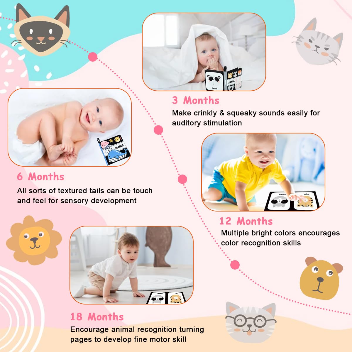 SNOWIE SOFT Cloth Books for Babies 8 pcs set with non toxic fabric and crinkle pages | sensory learning toys for toddlers