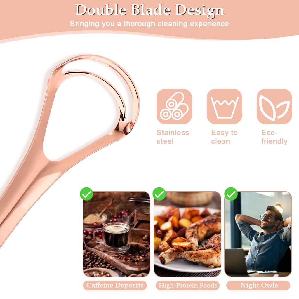 ZIBUYU Tongue Cleaner for Adults with Double Layer Design and Rose Gold Stainless Steel 2 Pack