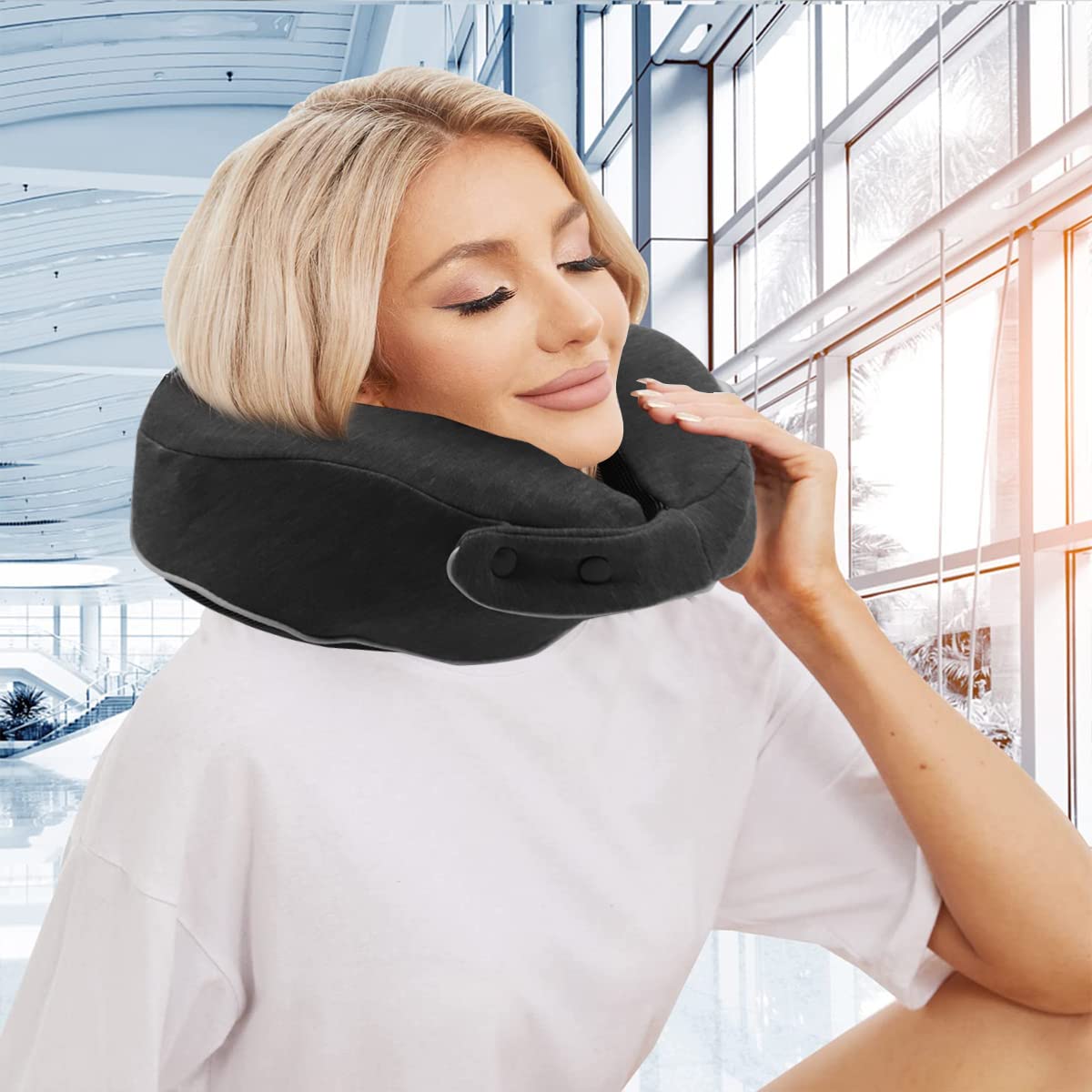 HANNEA® Travel Neck Pillow Memory Foam U-shape Neck Pillow for Travel, Adjustable Neck Pillow Ergonomic Neck Pillow for Sleeping, Support Head, Neck