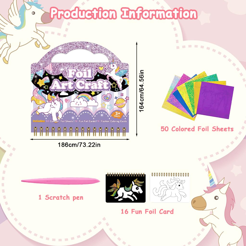 PATPAT DIY Foil Art Unicorn Coloring Book for Kids with 16 Patterns and 80 Glitter Sheets