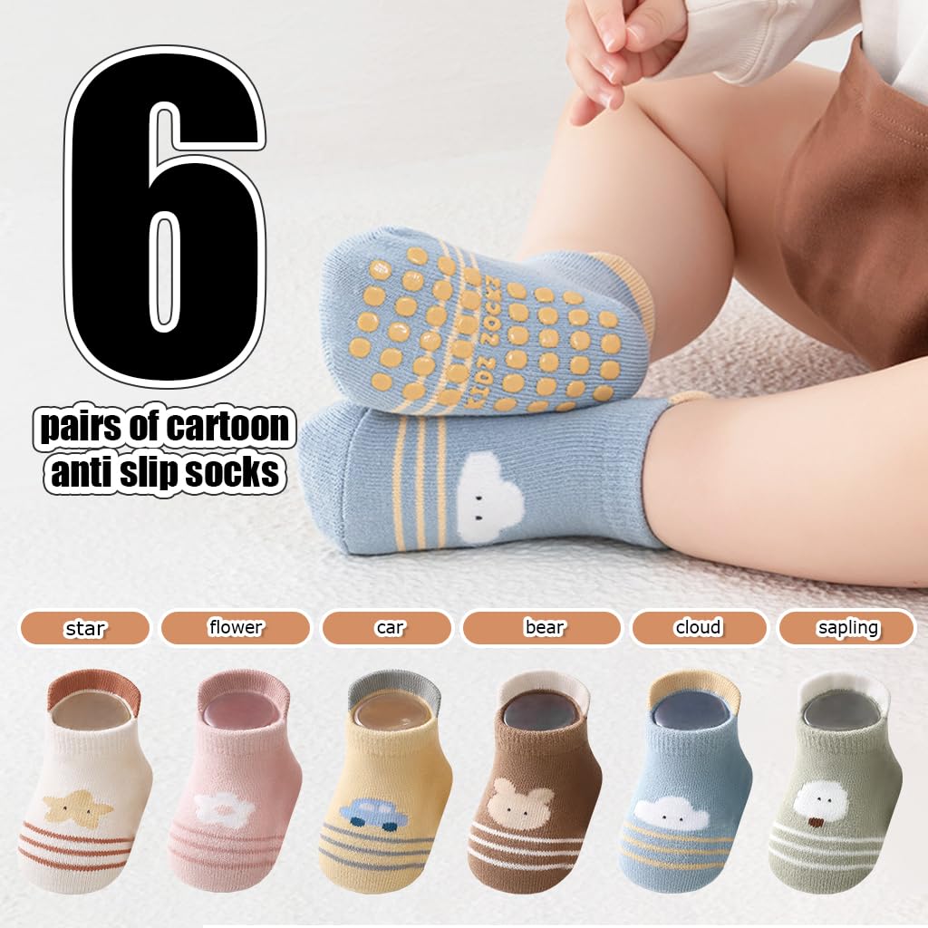 SNOWIE SOFT Cartoon Socks for Toddlers with Anti Skid Soles and Breathable Cotton 6 Pairs