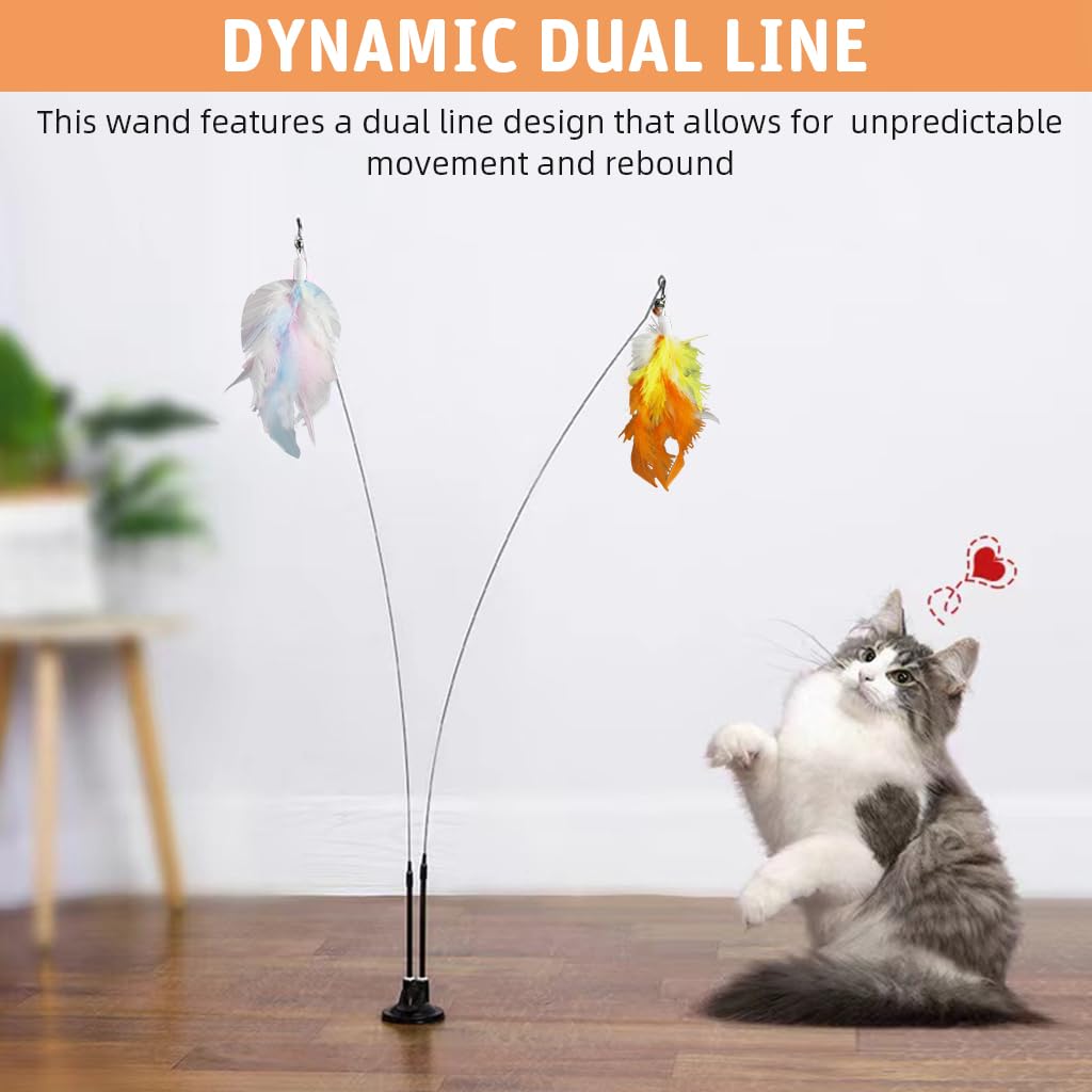 Qpets Cat Feather Toy for Interactive Play with Dual Wire Wand and Stable Suction Cup Base 3 PCS