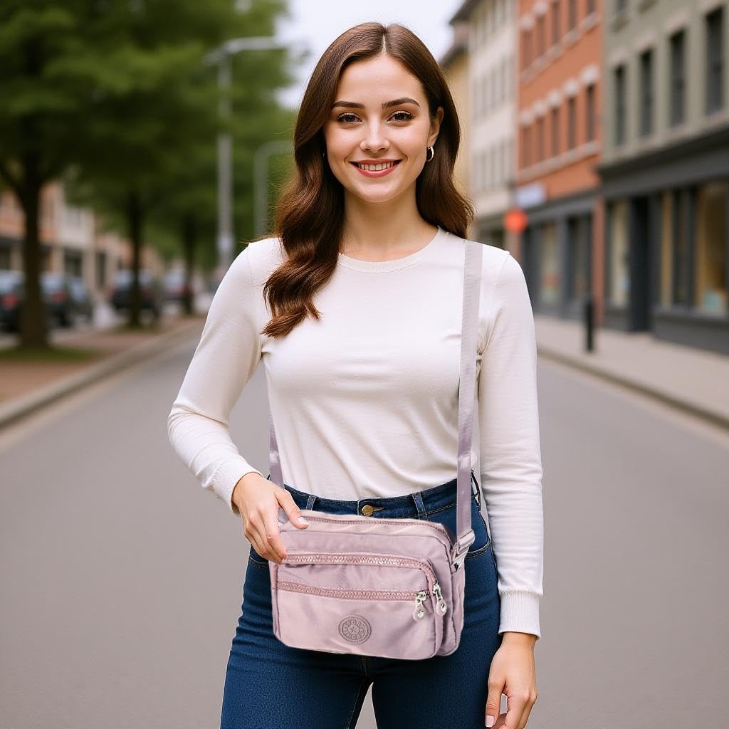 Zibuyu Womens Crossbody Bag for Travel with Multi Pocket Design and Waterproof Nylon | Pink