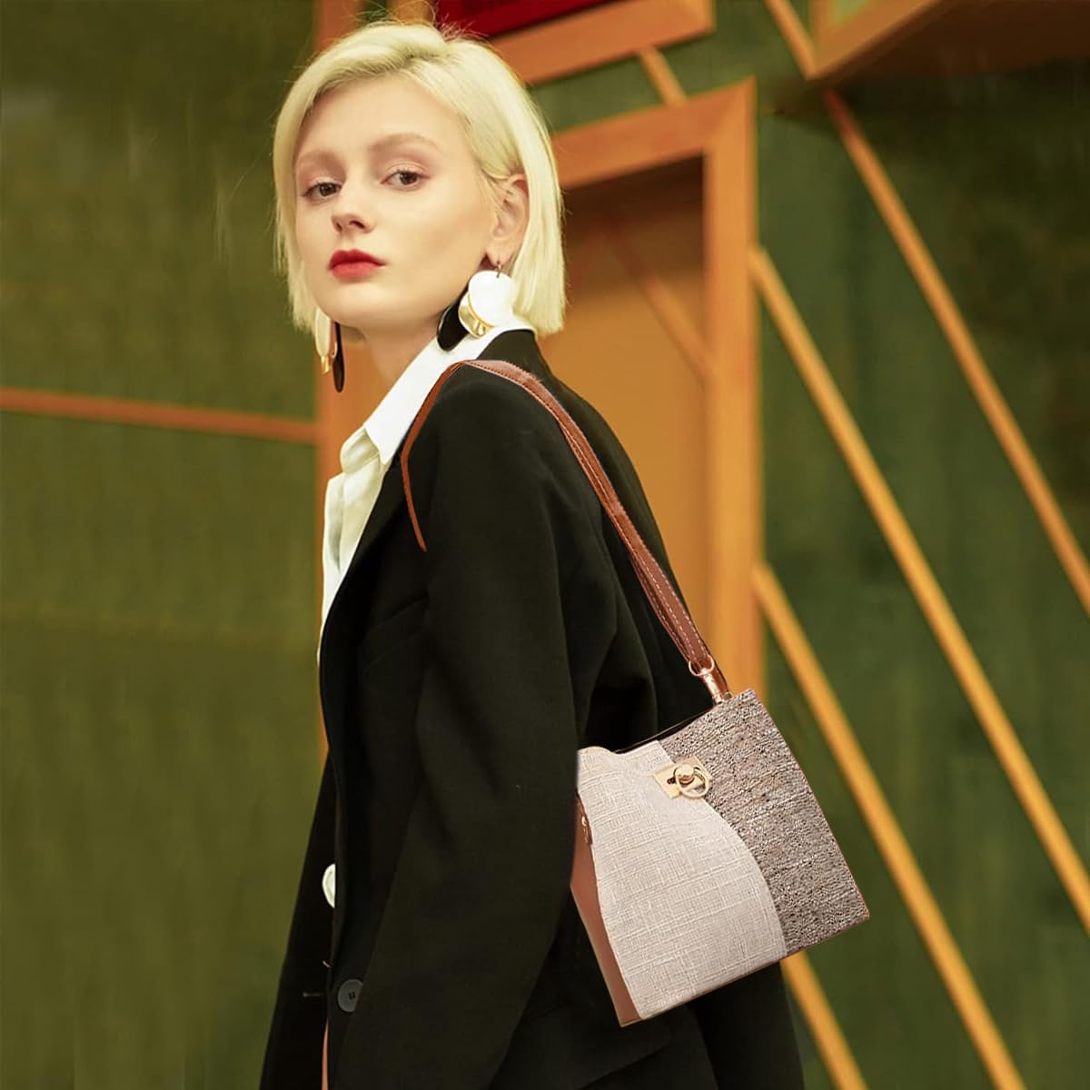 PALAY Tote Bag for Women 20.5x10x20.5 cm with Patchwork Design and Detachable Strap | PU Leather Shoulder Satchel