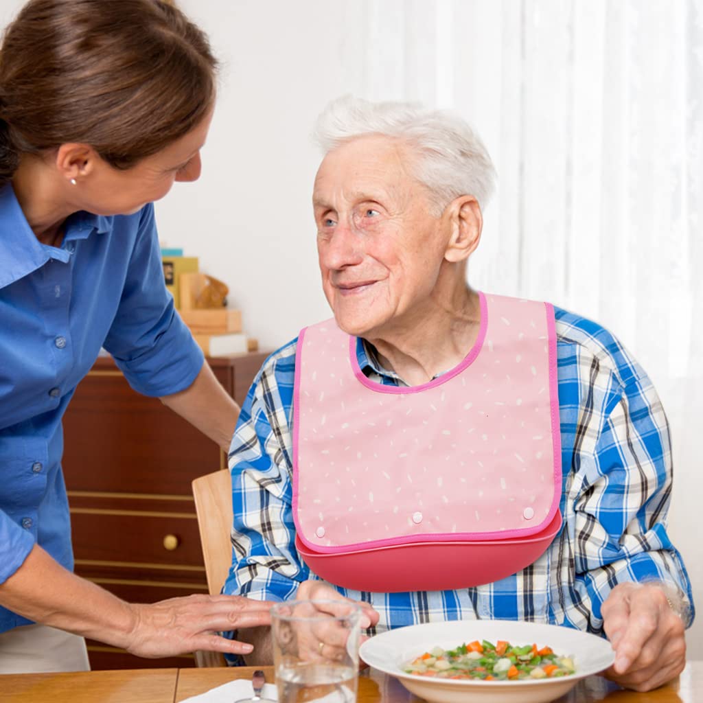 ZIBUYU Adult Waterproof Dining Bibs for Mealtime Protection with Hook & Loop Closure 43x36cm | Reusable Pink Bib for Seniors and Disabled