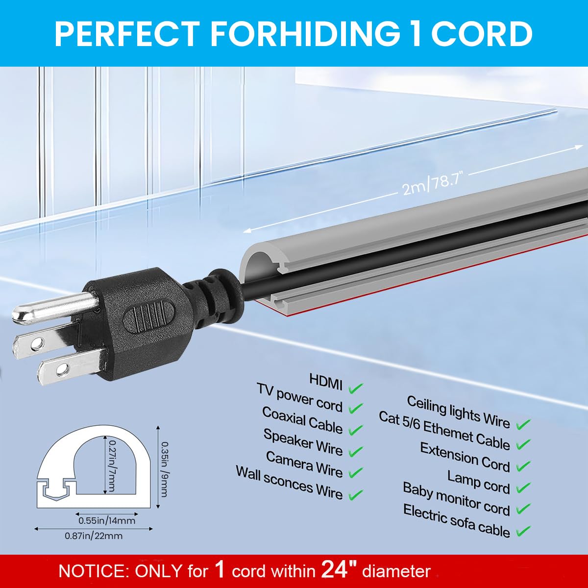 Serplex Cord Cover for Floor and Wall Cable Management with 6.6ft Length & Side Open Design