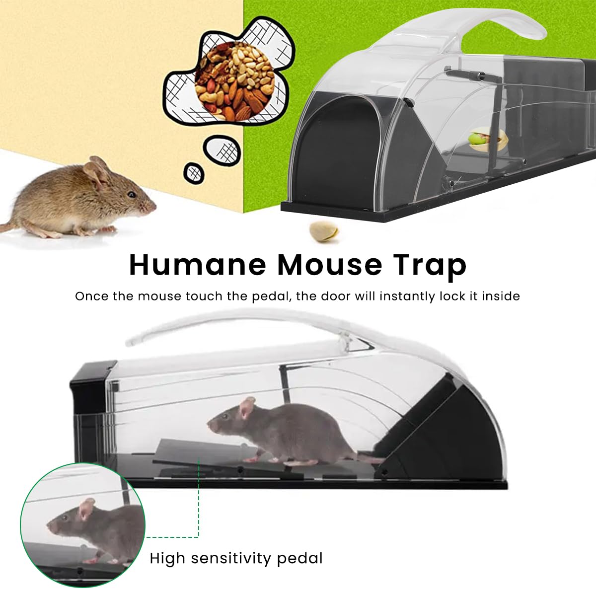 HASTHIP® Mouse Trap with Handle 12.6 Inches Quick Responce Mouse Trap, Humane No Kill The Mice, Easy to Set Up, Mouse Catcher, Reusable and Safe for Families