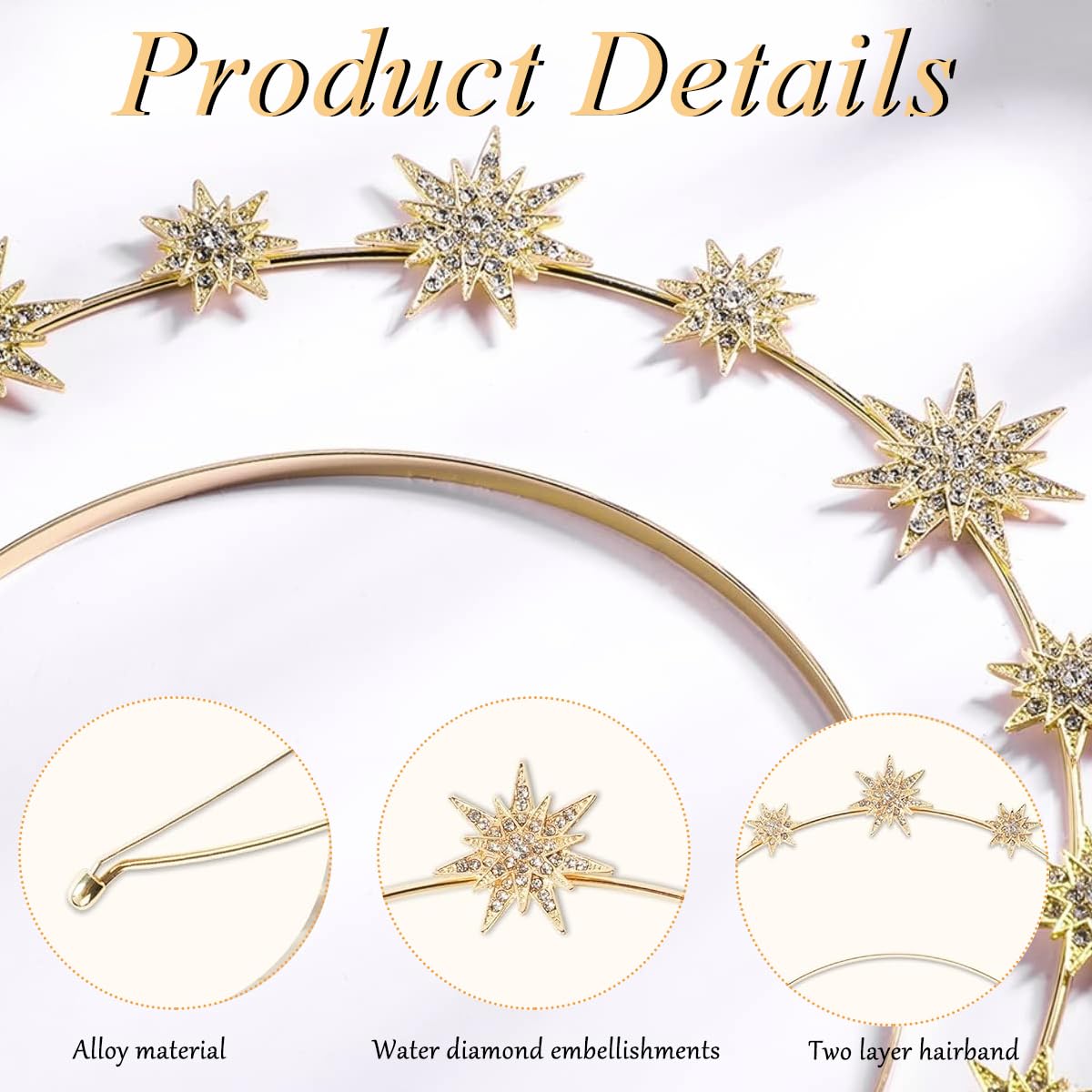 PALAY® Halo Crown for Women Queen Goddess Headband Stars Crystal Tiaras with Crescent Earrings Set, Double Layer Gold Metal Crown Hairband for Girls Party Wedding Cosplay