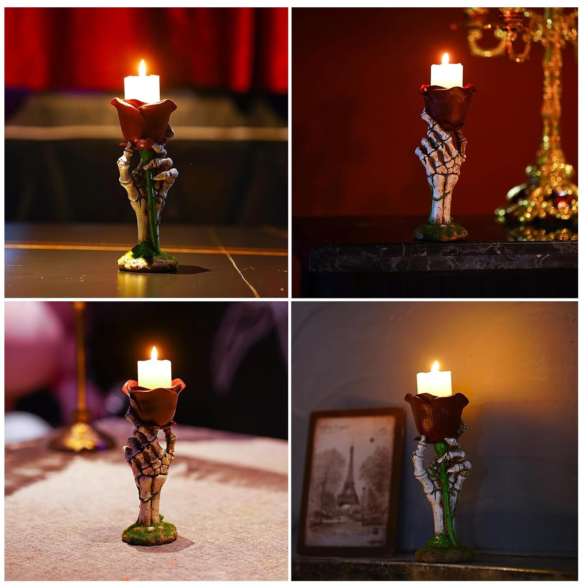HASTHIP Halloween Candle Holder for Home Decor featuring Skeleton Hand and Rose 7.3x7.2x18.5cm | Gothic Romantic Resin Candle Stand