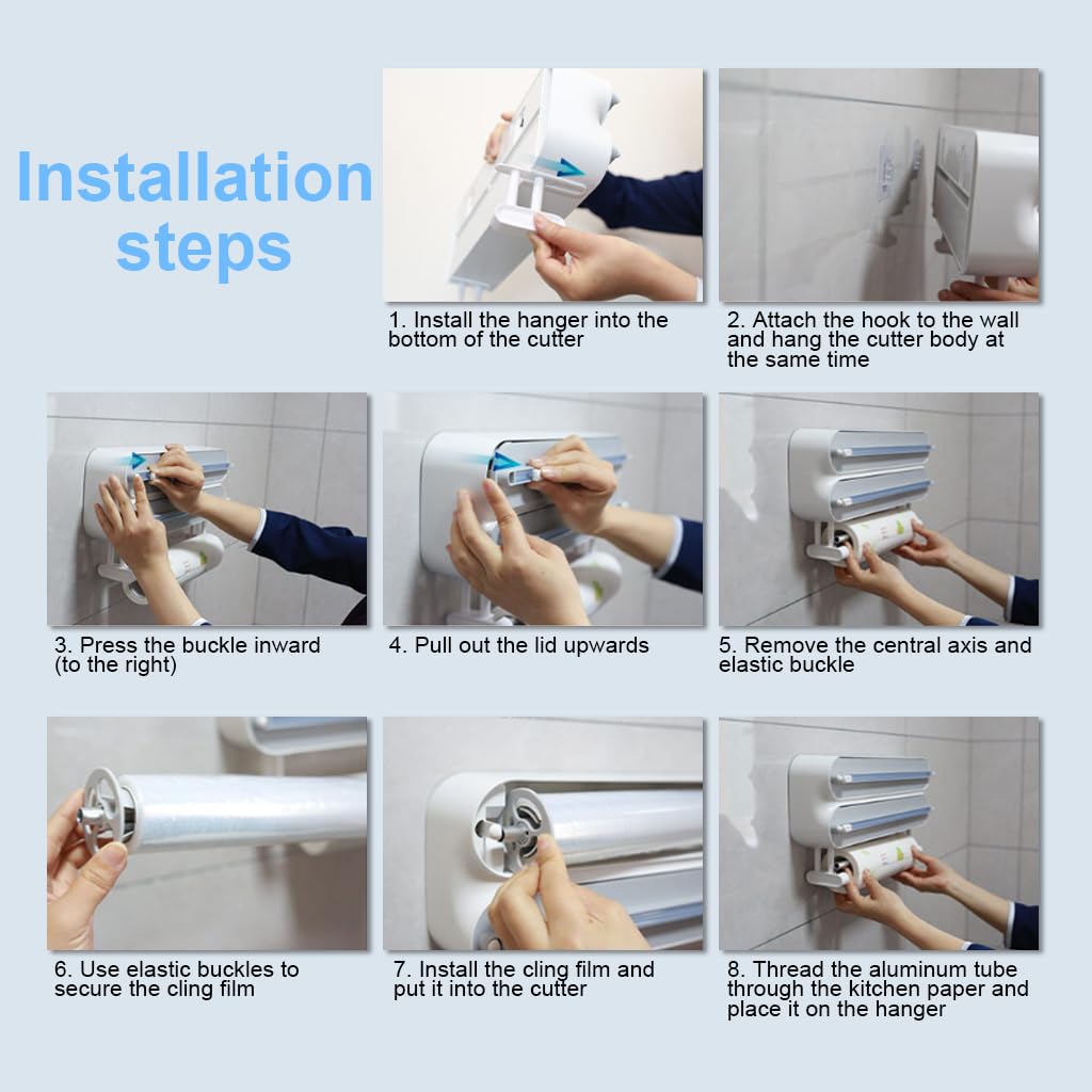 HASTHIP Magnetic Food Wrap Dispenser with Dual Hidden Blades and Sliding Cutter | White 3 in 1 Foil Paper Holder for Cling Film Tin Foil and Wax Paper