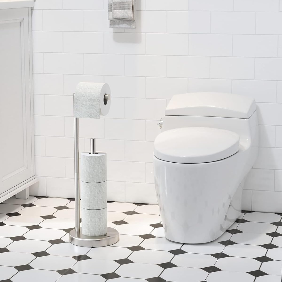 Supvox Toilet Paper Roll Holder 2 In 1 Toilet Paper Roll Organizer Floor Stand 26.9 Inches Toilet Paper Roll Holder Stand Stainless Steel Toilet Paper Roll Holder for Living Room, Bathroom, Kitchen