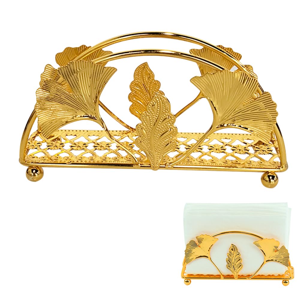 HASTHIP® Napkin Holder Rack for Dinning Table Elegant Golden Ginkgo Leaf Metal Napkin Holder Table Setting Ornament Napkins Holder Napkins Dispenser for Dining Room, Kitchen Countertop, 13x3x6.5cm