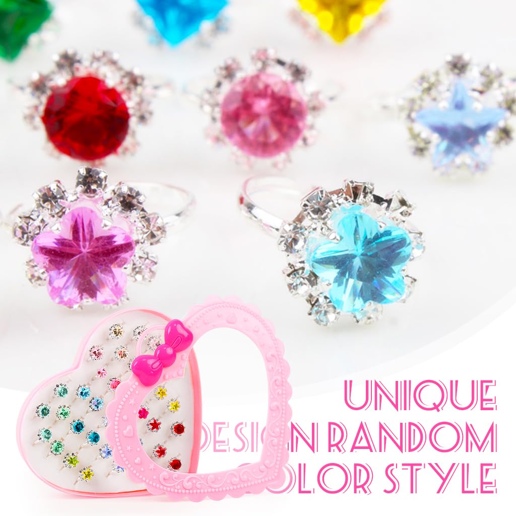 SANNIDHI Gem Rhinestone Rings Set for Girls with 36pcs Adjustable Open Rings | Colorful Acrylic Jewelry Gift Box for Pretend Play