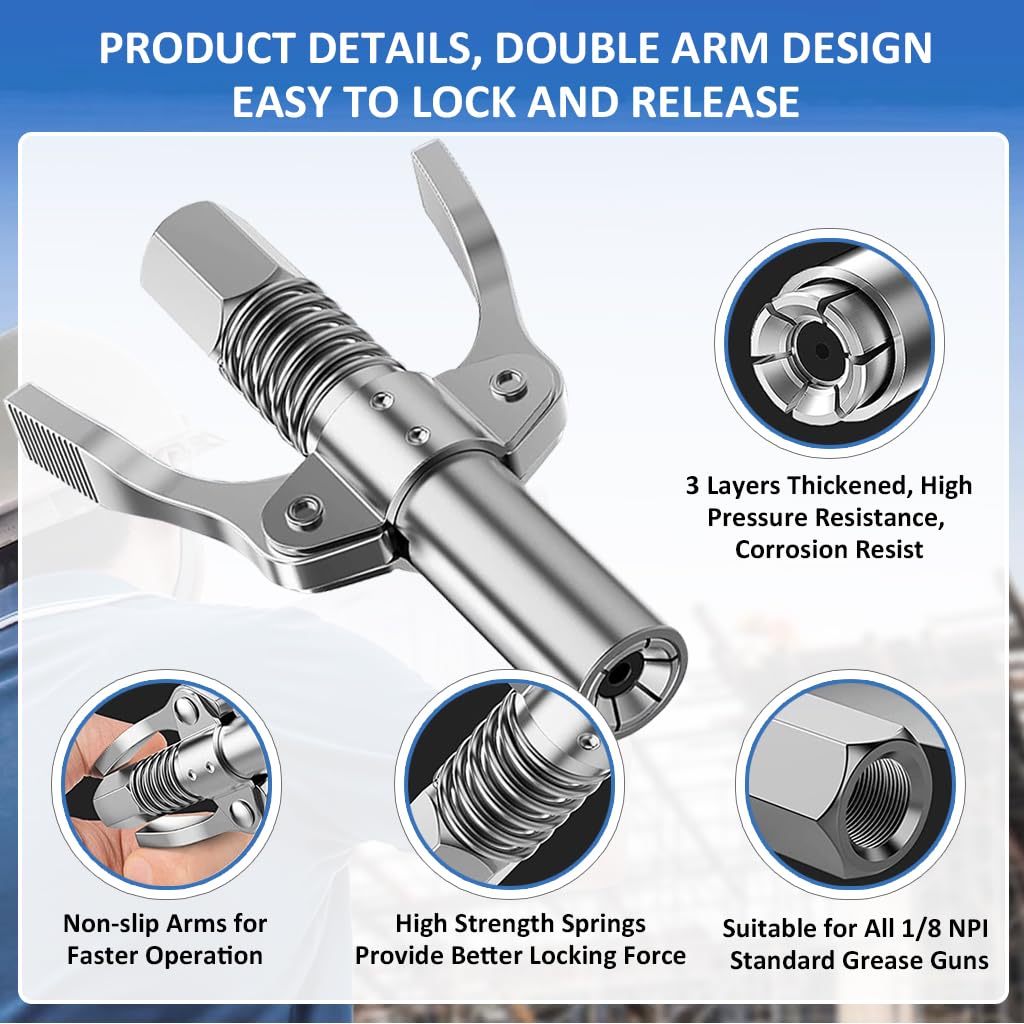 STHIRA® Grease Gun Coupler, Strong Lock Release Grease Coupler, 12000 PSI Quick Release Metal Grease Gun Coupler Dual Handle Grease Gun Tip 30cm Hose Compatible with All Grease Gun 1/8