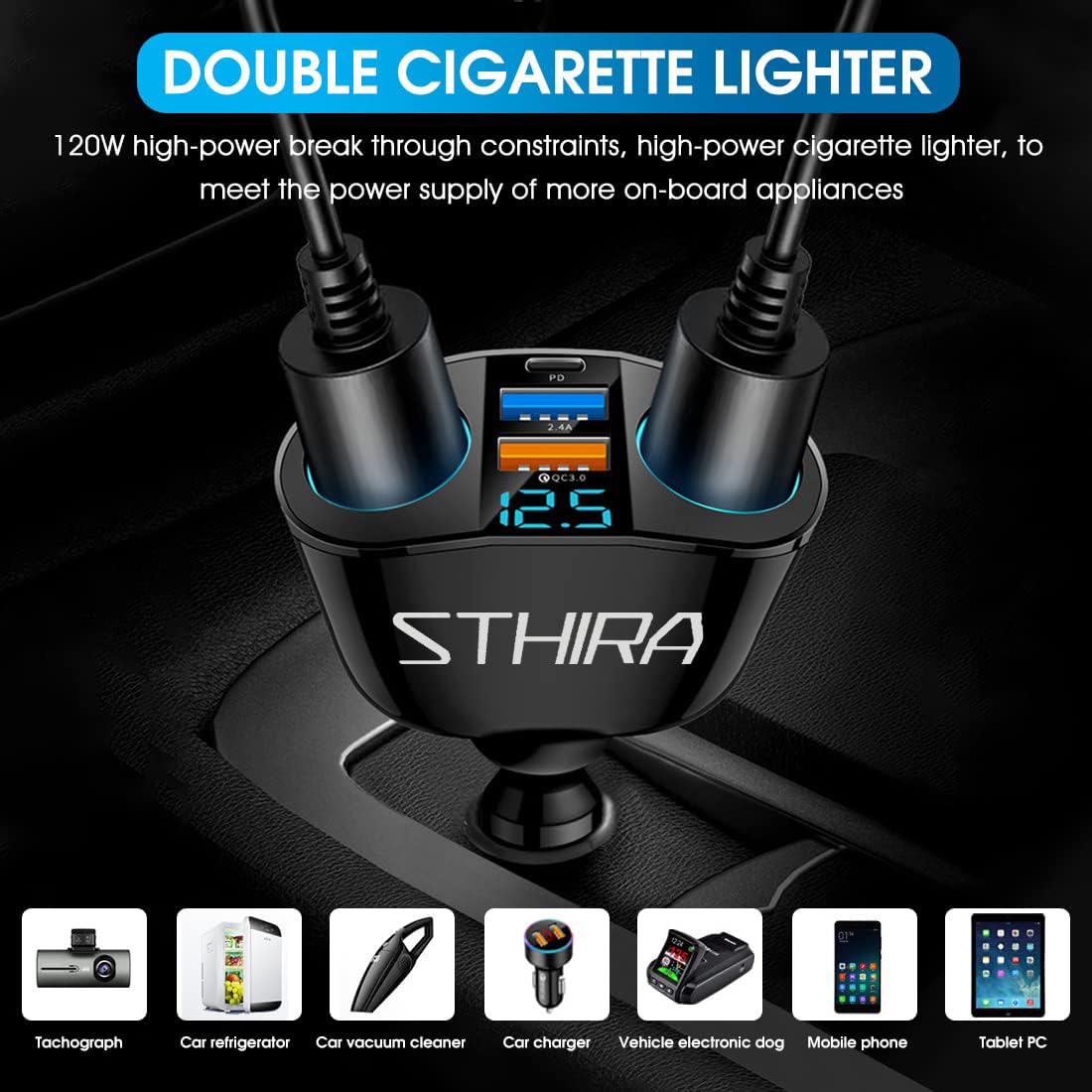 STHIRA Cigarette Lighter Splitter for Car with PD Port and QC3.0 USB | 120W Dual Socket Adapter with LED Voltage Display