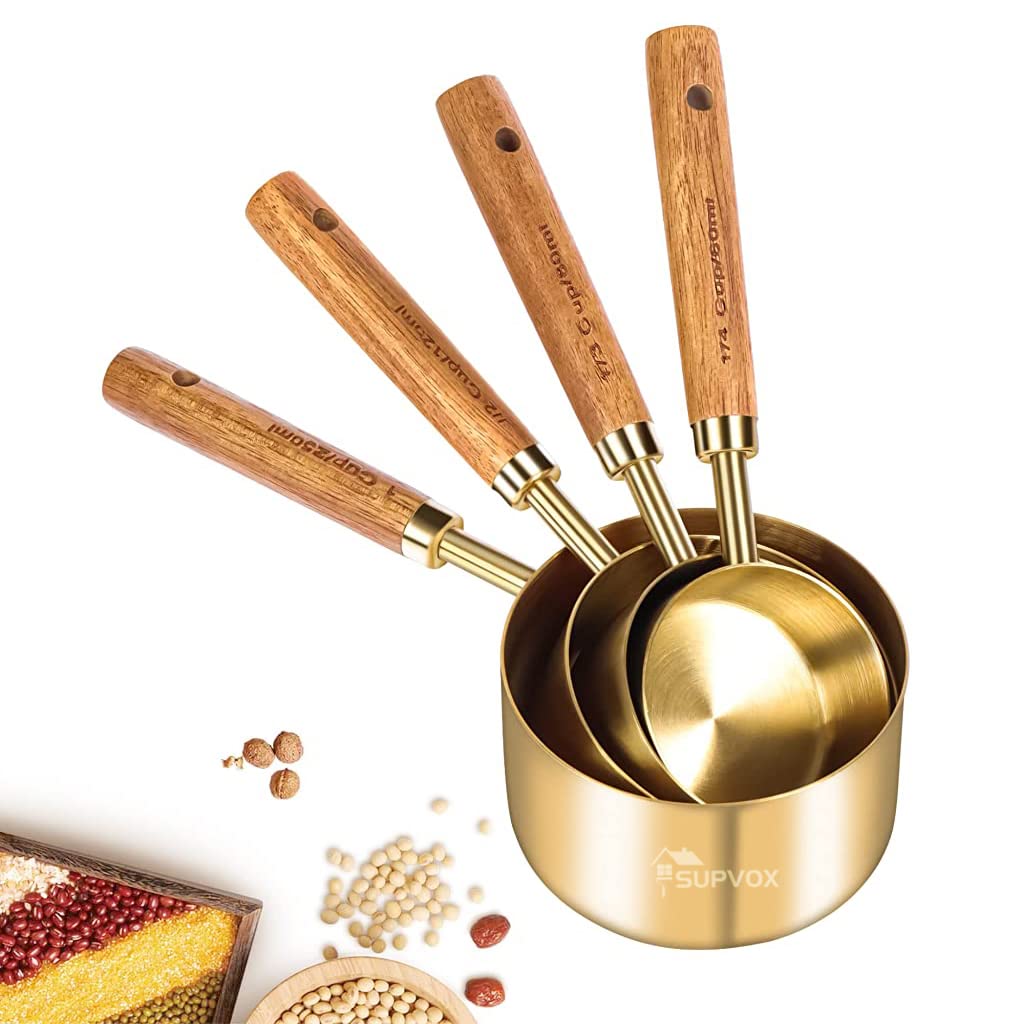 Supvox  Measuring Cups and Spoons Set of 8, Stainless Steel Measuring Cups and Spoons with Wood Handle, Golden Polished Finish, Baking Tools, Dry & Liquid Measuring Cup for Cooking and Baking