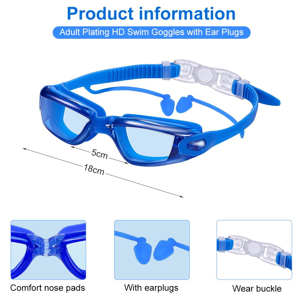 Optifit® Swimming Goggles, Swim Goggles attached Ear Plugs for Adult Men Women And Kids 8+, No Leaking, Anti Fog, UV Protection, Easy to Adjust Push-Button Straps, Free Storage Case (Blue)