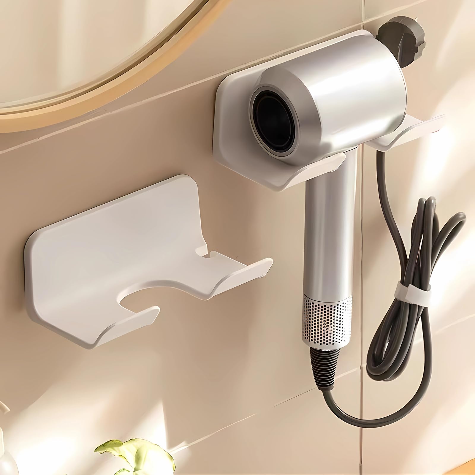 HASTHIP® Hair Dryer Holder, Blow Dryer Hanger Wall Mount Hook with Plug&Cord Organizer Self Adhesive for Cabinet Bathroom(2 Pack)