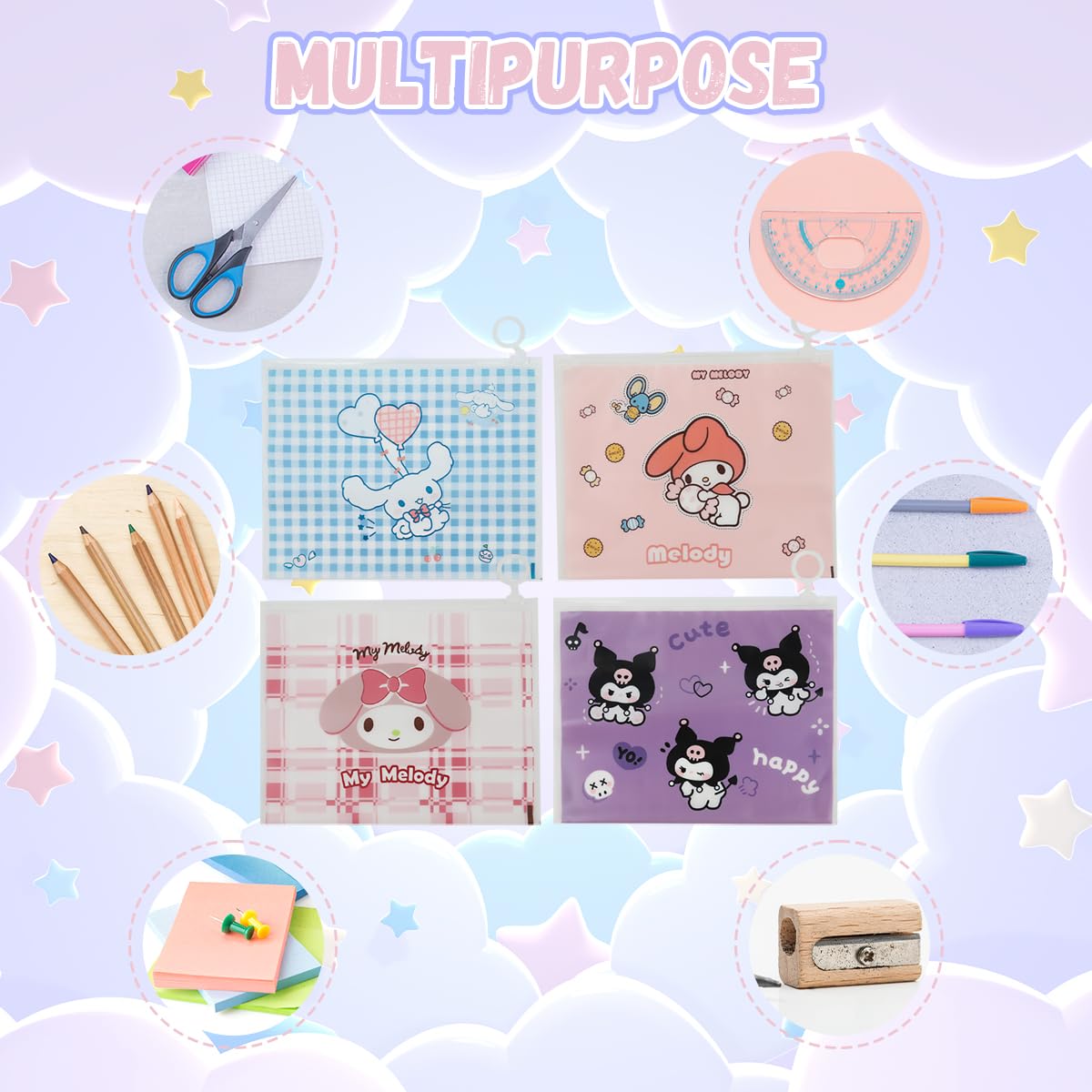 Climberty Pencil Case for Girls 12Pcs with Smooth Slider Seal Closure and Plastic Bags | Cute Sanrio Designs for School Supplies