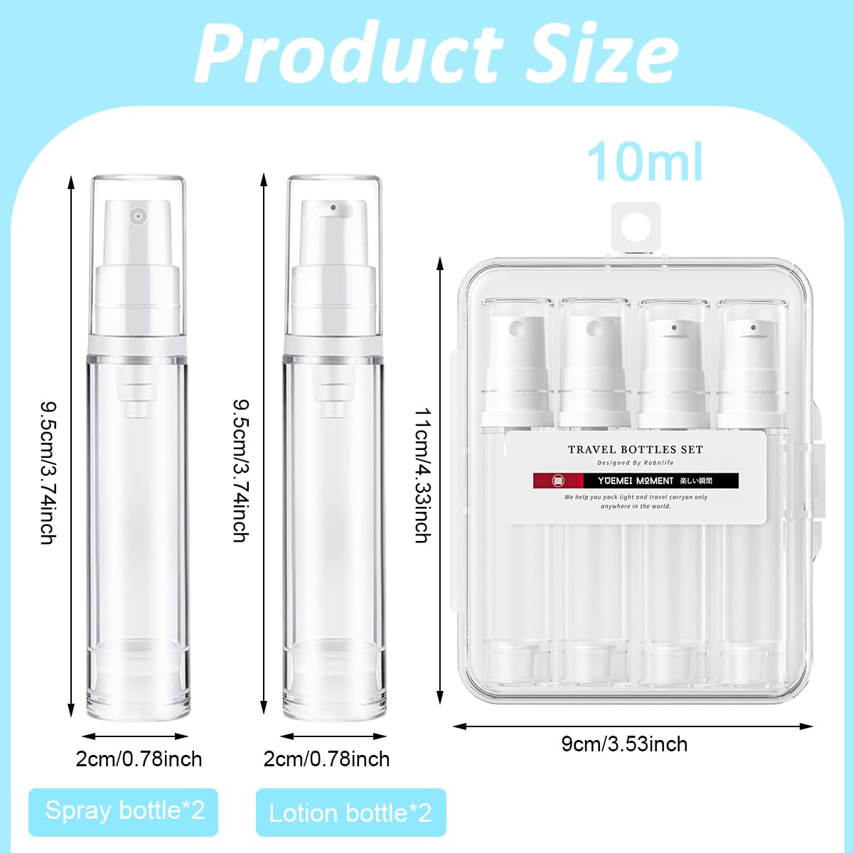 MAYCREATE Travel Bottles for Toiletries with Leak Proof Airless Pump | 4Pcs 10ml Refillable Set