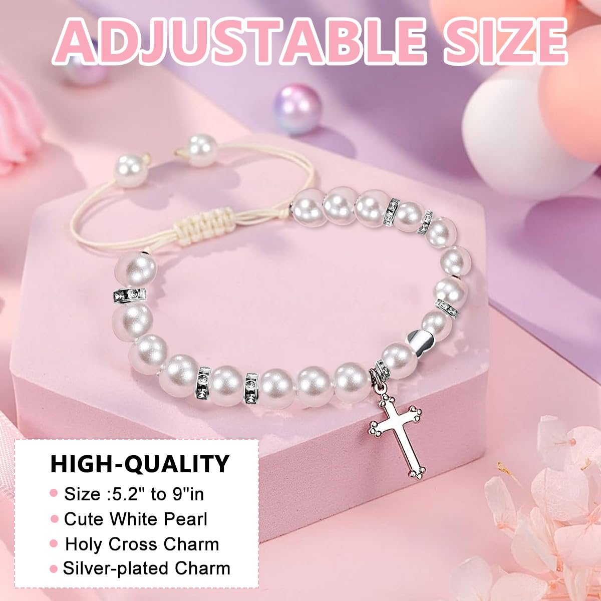Venzina Pearl Bracelet for Girls featuring Cross Charm and Adjustable Fit | Christening Gift