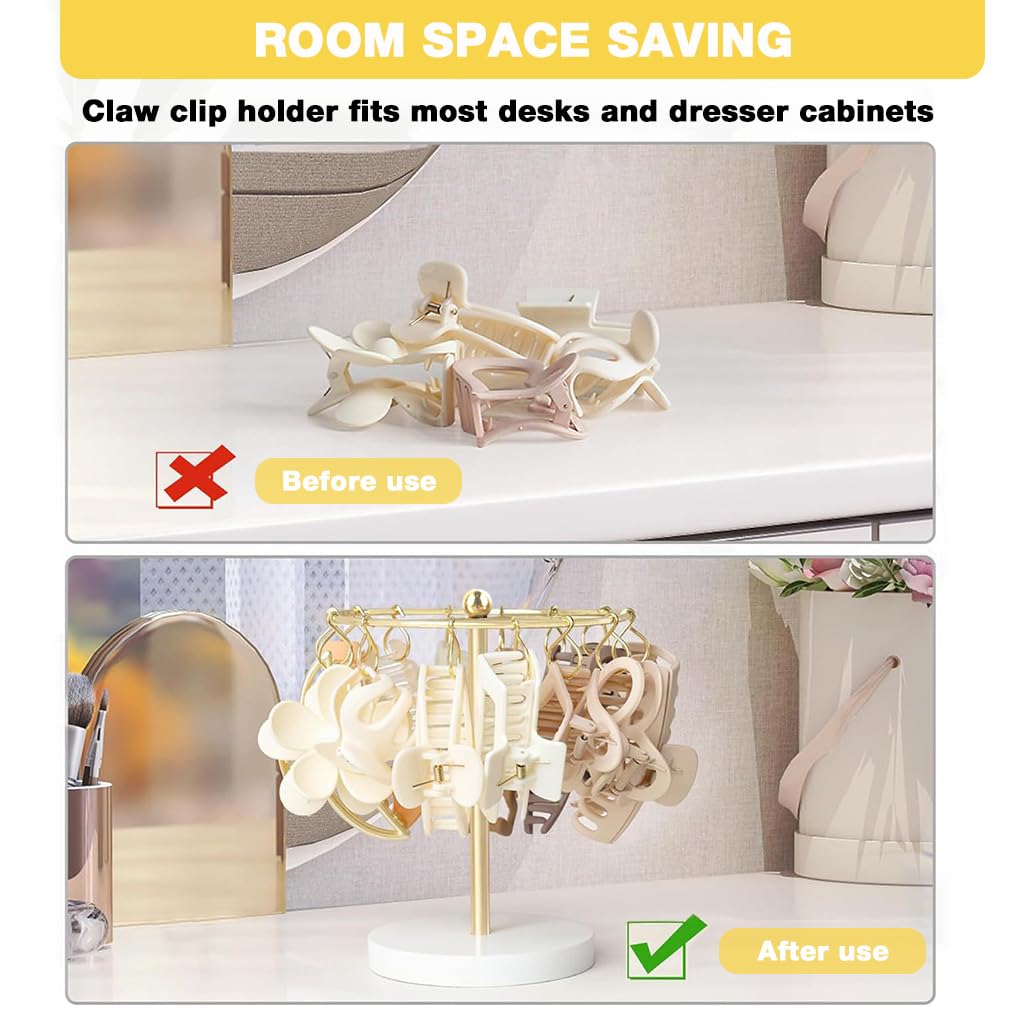 HASTHIP Metal Claw Clip Organizer for Vanity and Dresser with 16 Loop Hooks | Gold Display Stand