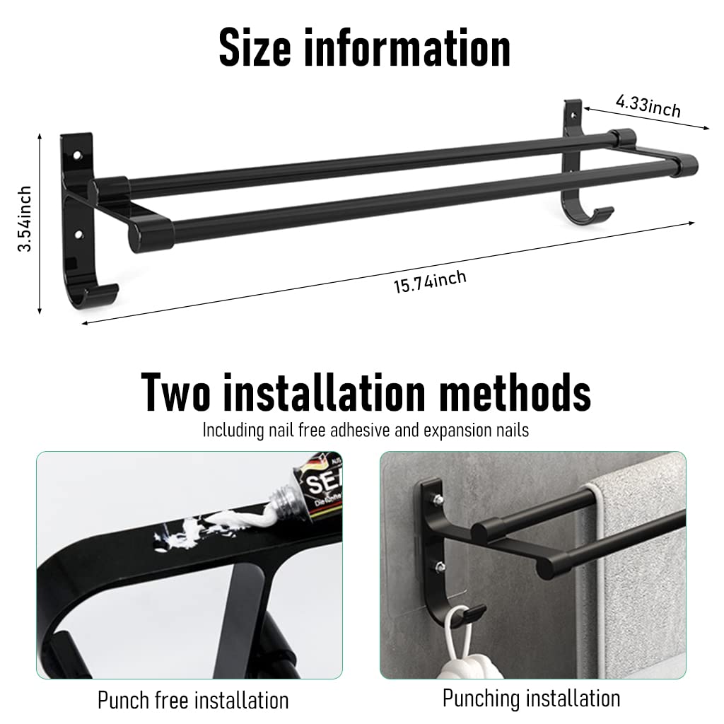 HASTHIP® 15.7 Inch Aluminum Bathroom Towel Rack Towel Rod Towel Hanger Towel Bar Bath Accessories, Double-Pole Towel Stand with Hooks, Rustproof Towel Storage Wall Mount for Bathroom Lavatory (Black)