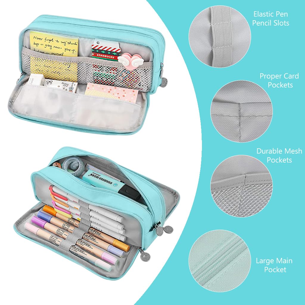 Zibuyu Pencil Box with Three Compartments and Smooth Zippers in Blue for Kids & Adults