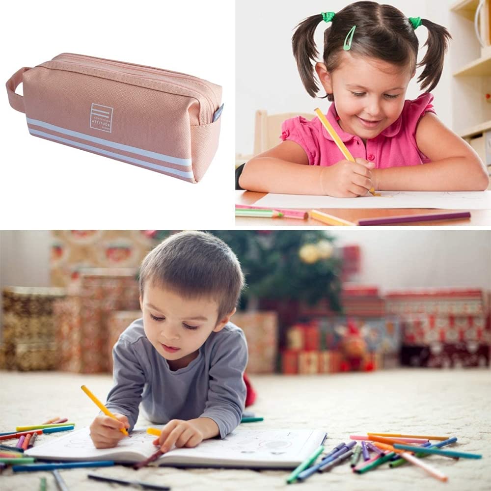 HASTHIP Canvas Large Pencil Case for Girls with Double Zipper and Handle 21x8x8 cm | Pink Storage Bag