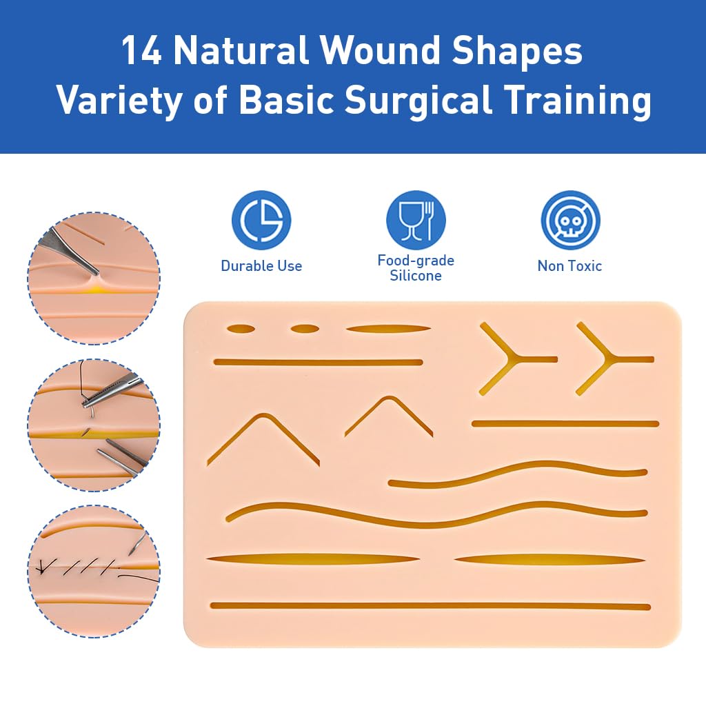 ZIBUYU Silicone Suture Pad Multi-Layered Skin-Like Silicone Suturing Practice Pad with 13 Pre-Cut Incisions Reuseable Suture Pad for Suturing Skills, Medical and Vet Students Supplies, 17x12cm