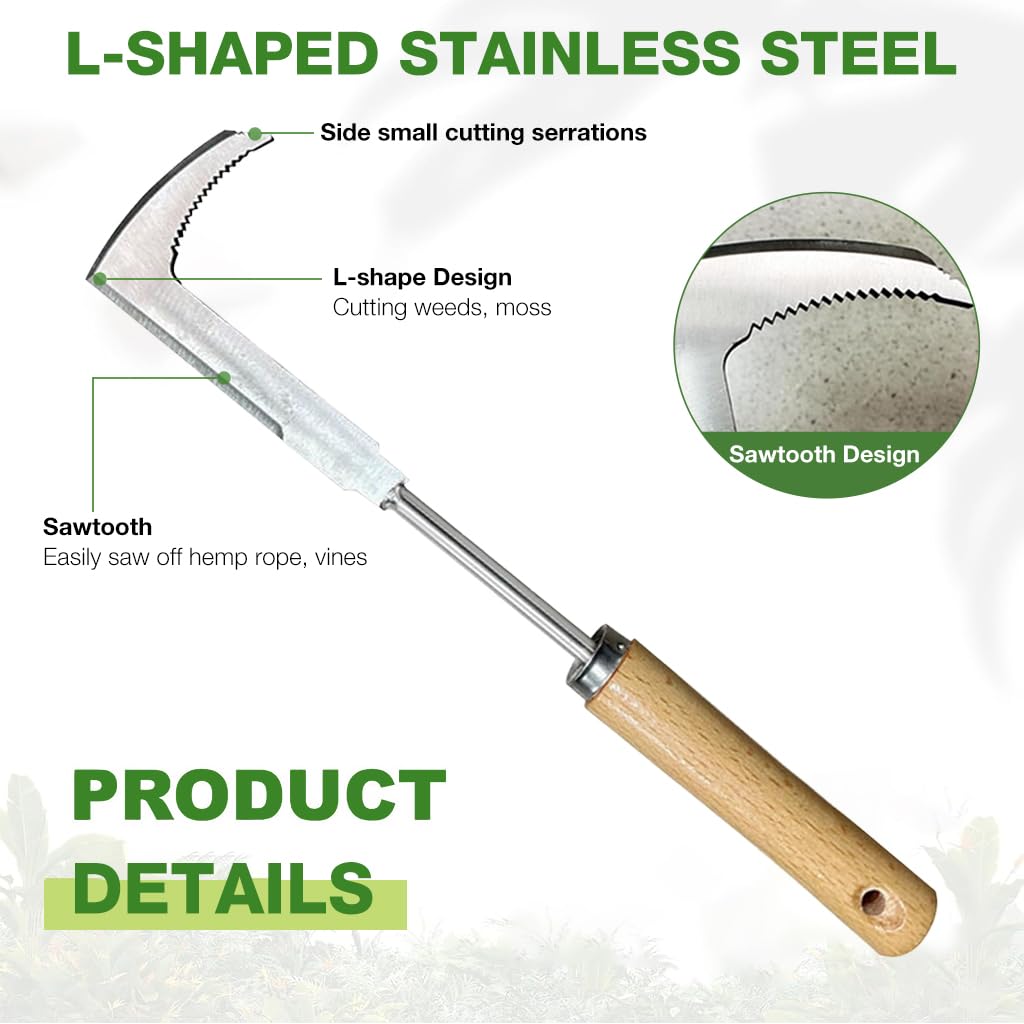 HASTHIP® Gardening Hand Weeder 11.8'' Stainless Steel Weeder Utility Pointy Crack Weeder Tool Wooden Handle Sickle-shaped Serrated Blade Weeder Tool Gardening Tool Cracker Cleaning Tool