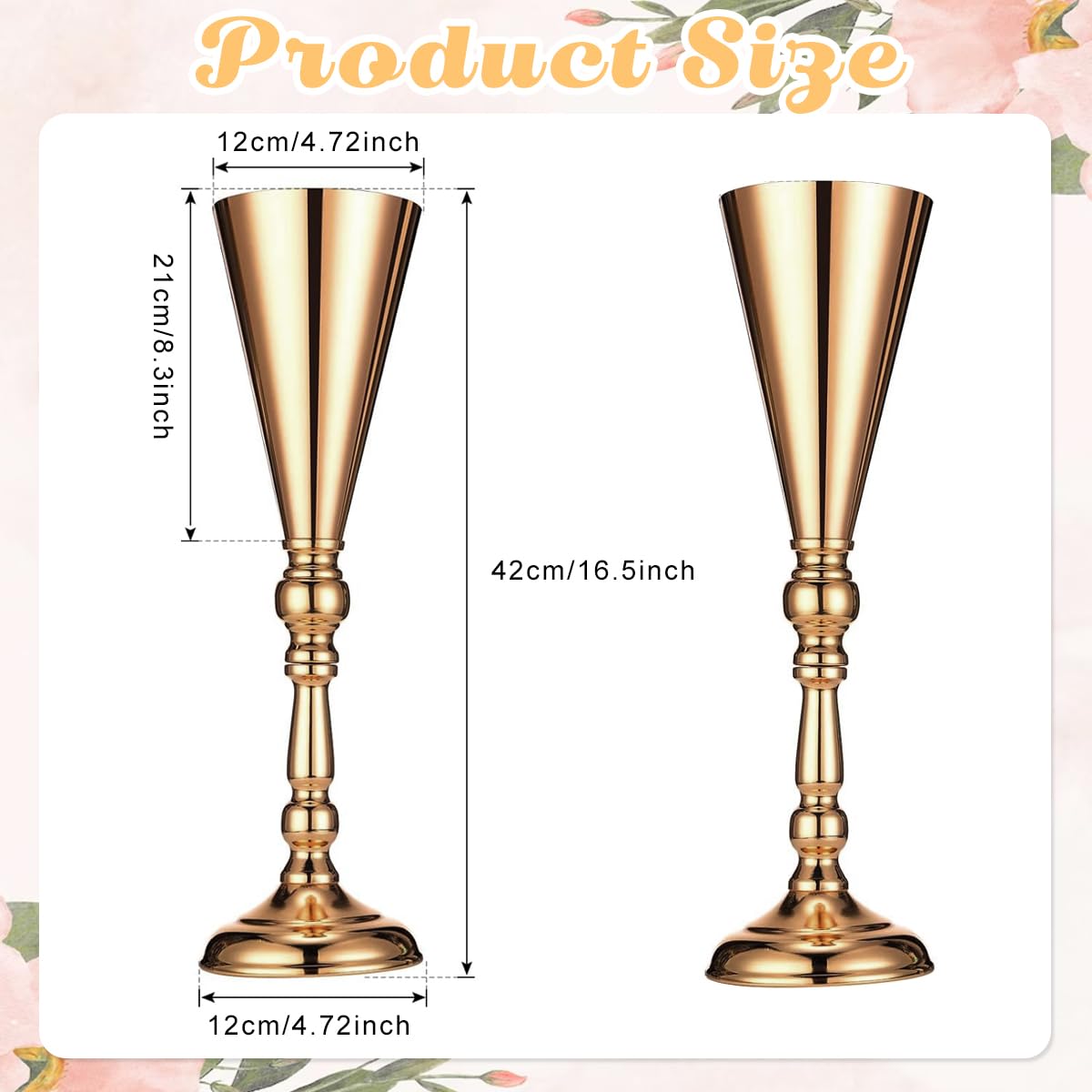 HASTHIP® 2Pcs Tabletop Metal Wedding Flower Trumpet Vase -Wedding Centerpiece Flower Vase, 16.5 Inches Luxury Golden Metal Flower Holder Vase for Dining Table Decoration, Wedding, Party, Home Decor