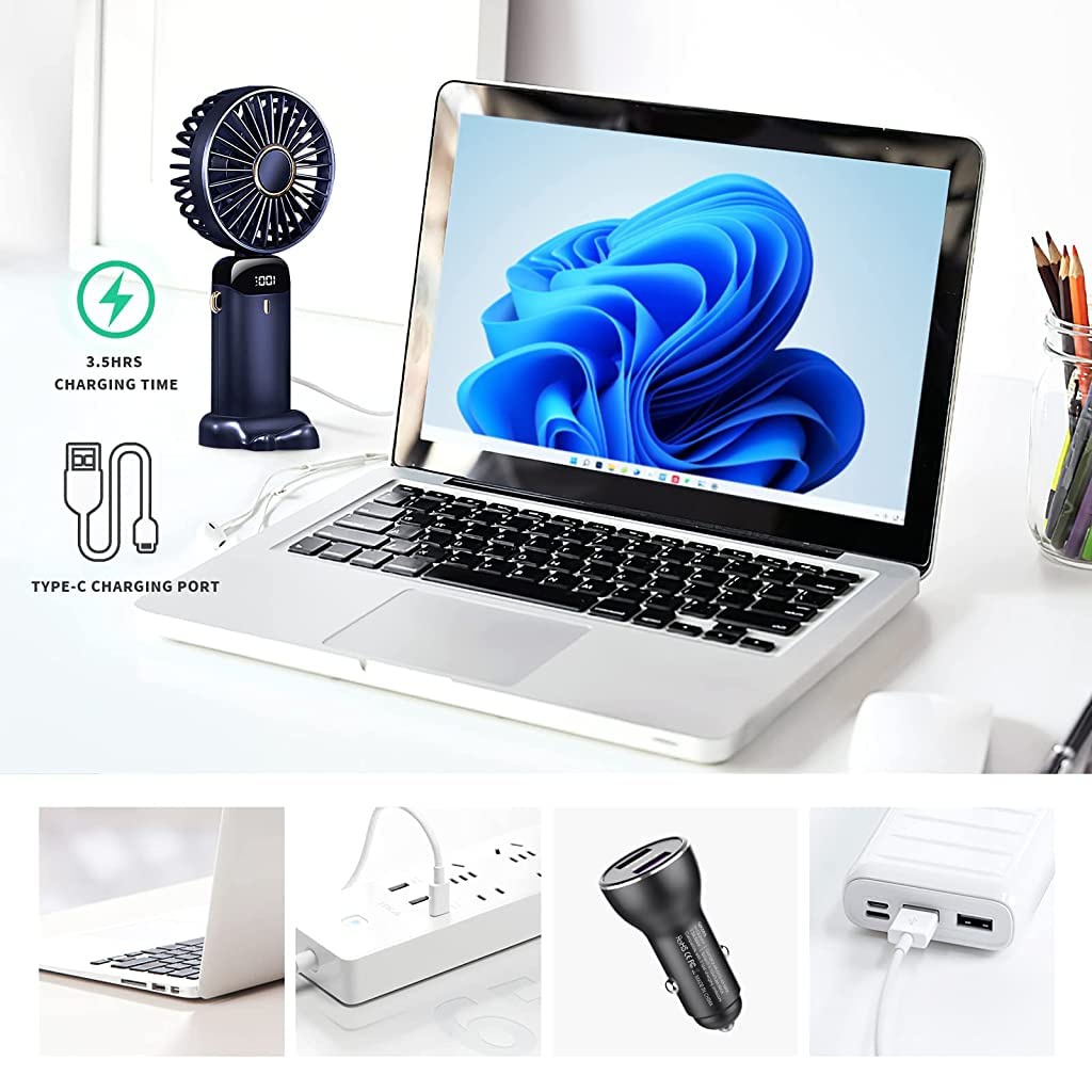 HASTHIP® Hand Fan, Foldable 90° Mini Small Personal Fan, 3000mAh USB Rechargeable, 5 Adjustable Speeds Portable Hand Fan with Lanyard, Fragrance Sheet, Base and LED Battery Level Display (Blue)