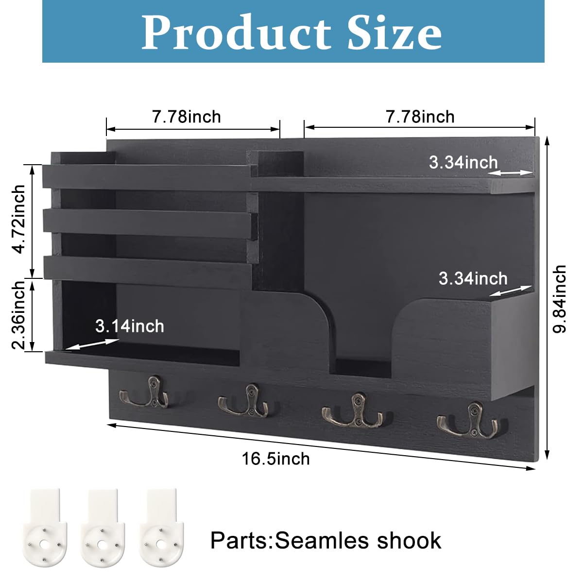 HASTHIP Key Holder for Home with Multi Compartment Wooden Organizer Rack 15.7×9.3 in | Wall Mounting Hooks for Entryway Storage