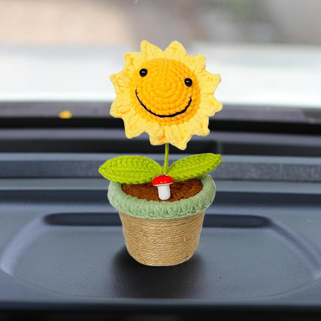 STHIRA Crochet Flower for Desk and Car Decoration with Smiley Sunflower Pot | Handmade Gift
