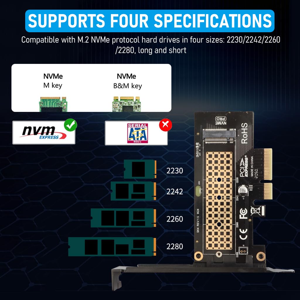 Verilux M.2 NVMe to PCI E X4 Adapter for SSD Connection with Universal 2230 2242 2260 2280 | 3PCS