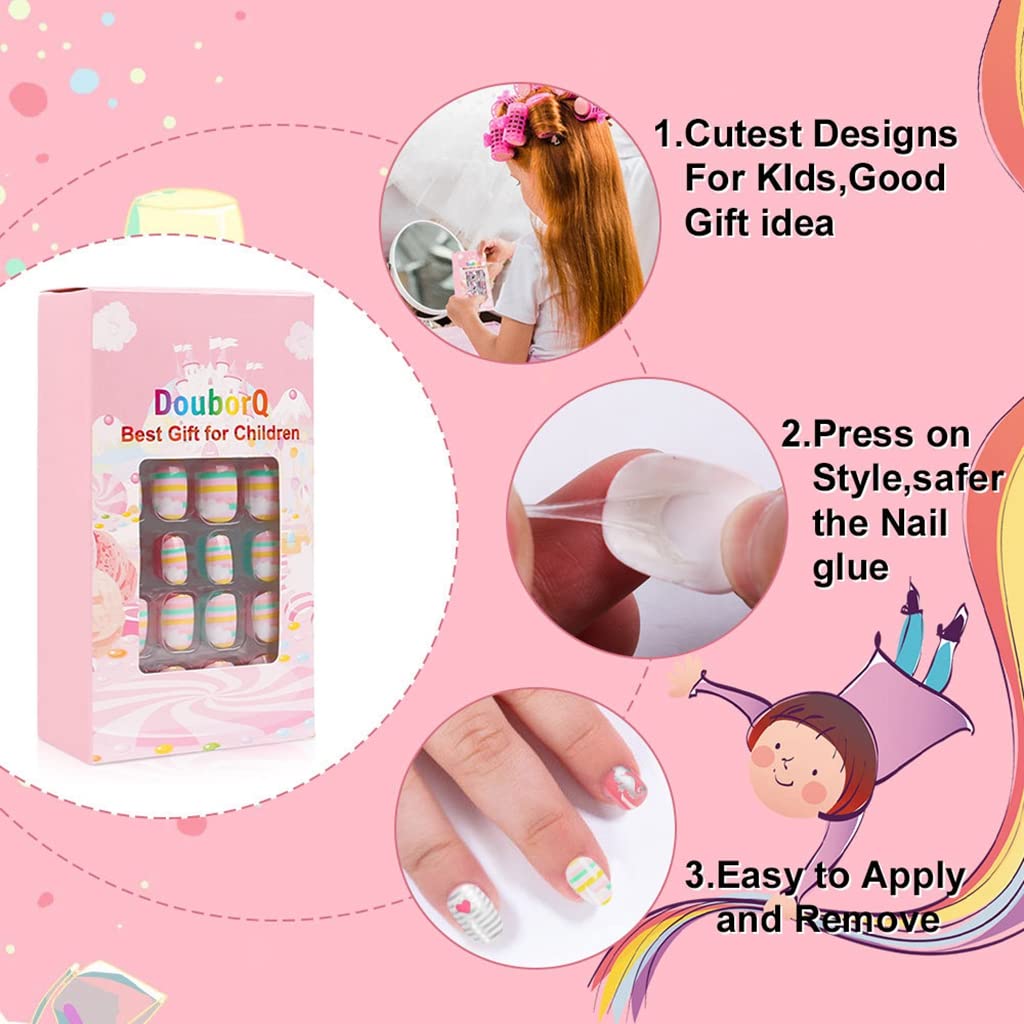 MAYCREATE® 120pcs Nail Art Kit for Kids, Children Fake Nails Artificial Nail Tips Girls Full Cover Short False Fingernails for Girls Kids Gift Nail Decoration