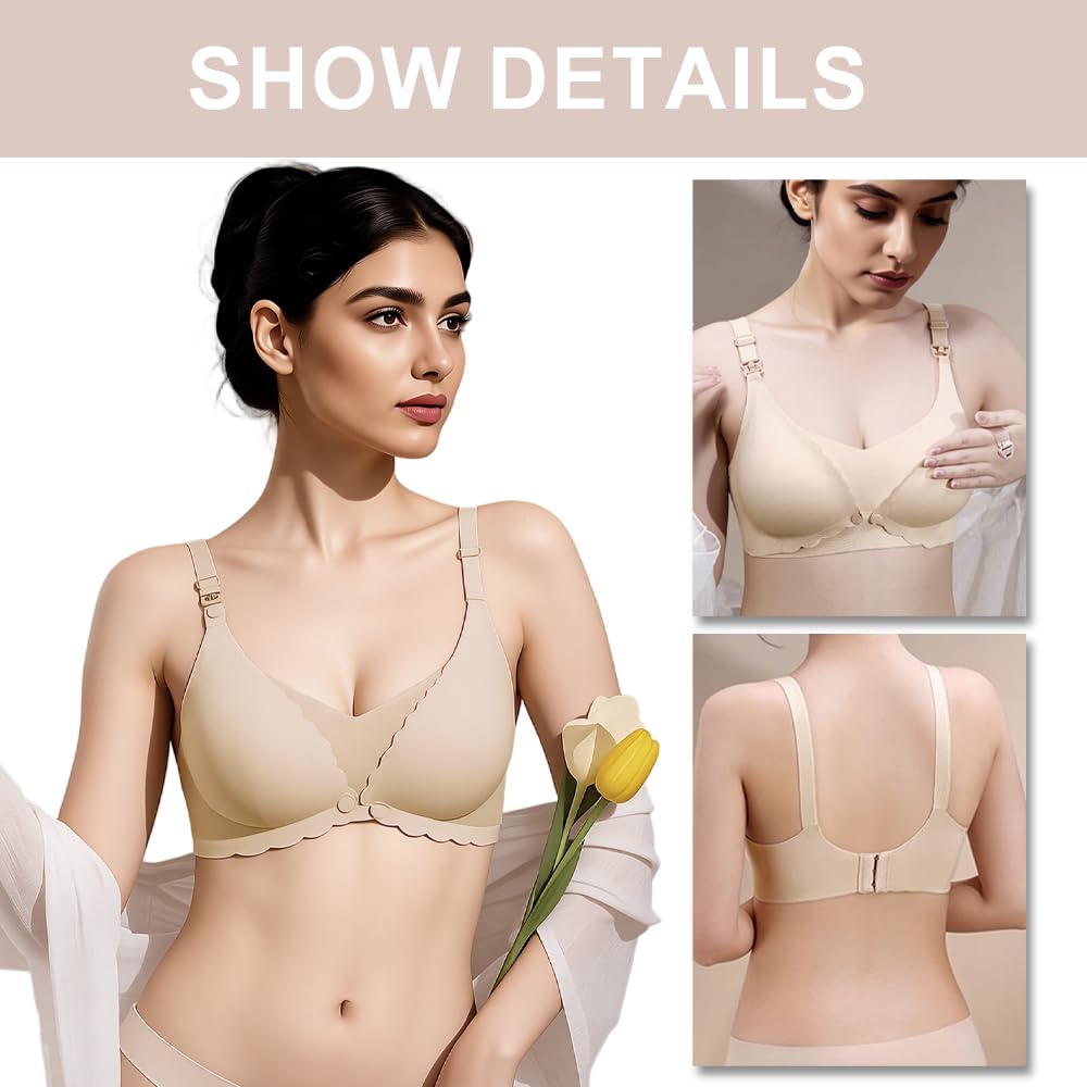 SANNIDHI Nursing Bras for Breastfeeding with Front Opening Clasps and Seamless Support Beige XL