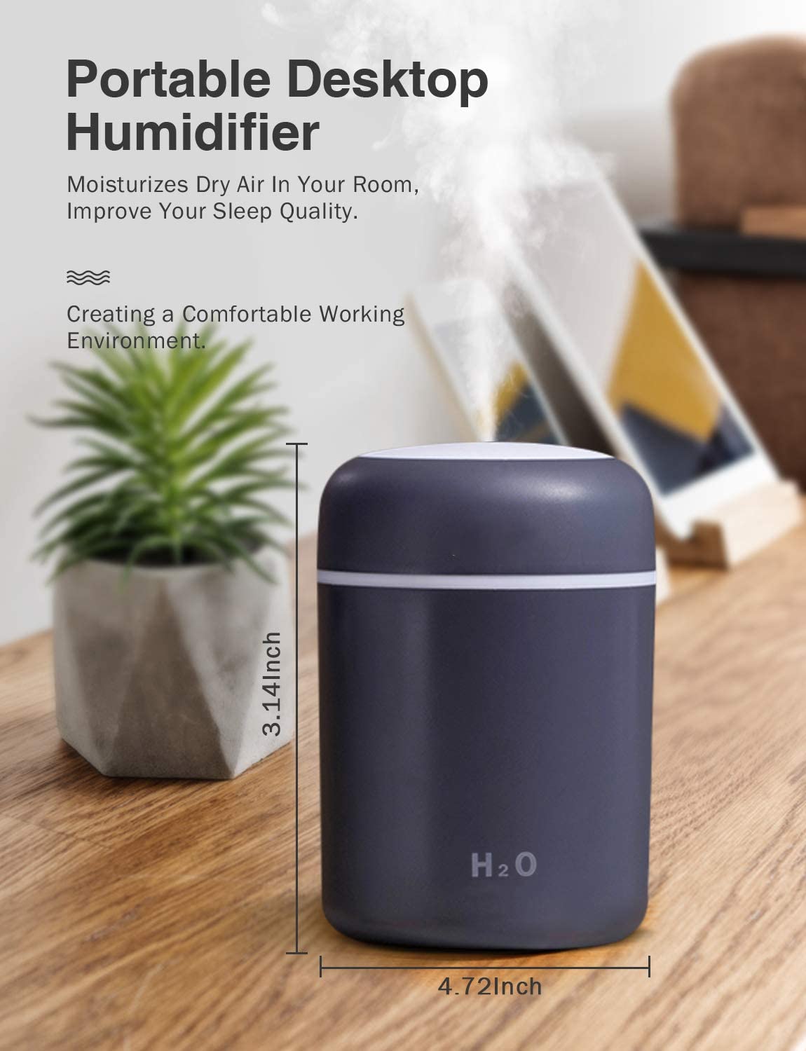 HASTHIP Mini Humidifier for Bedroom and Office with 300 ml Tank featuring 2 Spray Modes | Quiet 26 dB Operation and Colorful Light