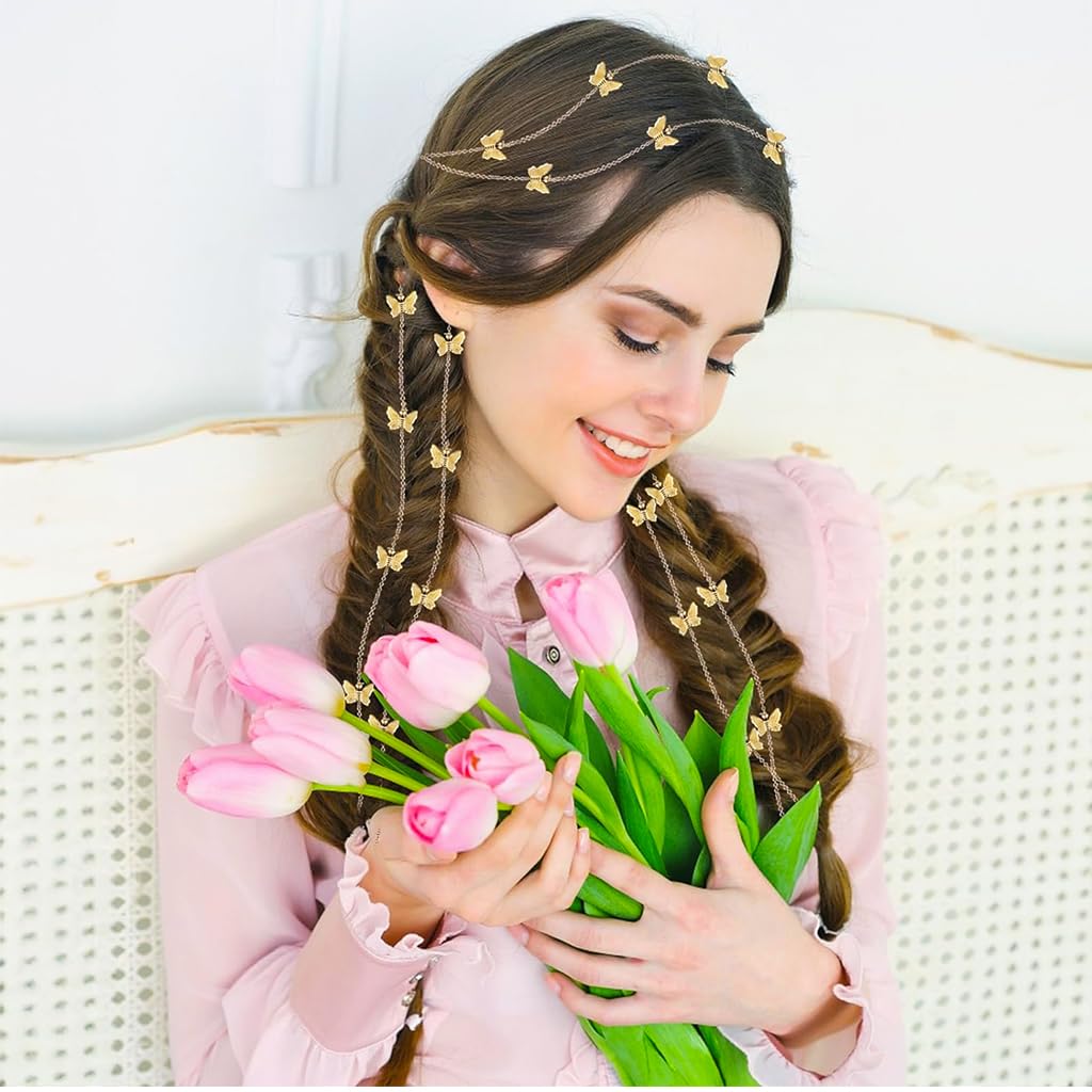 PALAY® 4Pcs Butterfly Hair Chains Bling Tassel Hair Clips Chains for Braids Stylish 20.5 Inch Golden Bride Clip in Hair Tinsel Hair Accessories for Women Girls Party Wedding