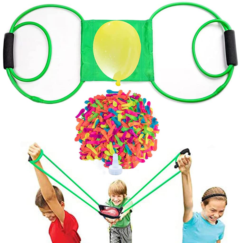 PATPAT® Water Balloons for Kids Water Balloon Launcher with 500Pcs Color Water Balloons, 2 Water Injectors and Storage Bag. 3-Man Catapult Slingshot Summer Party Game Yard Outdoor Toys for Kids, Green